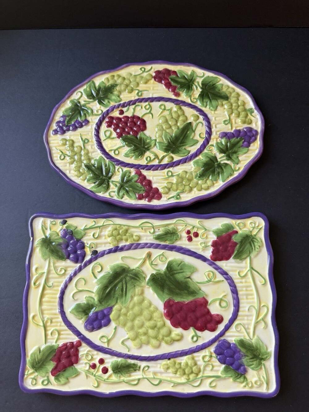 Tempting Fresh Crop Trivets Grape Vine Purple Set (2) Cottagecore Farmhouse